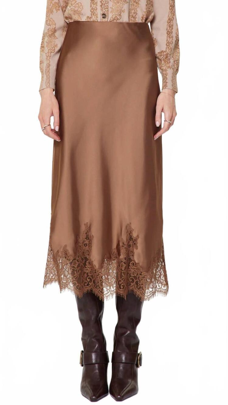 NEW CURRENT AIR mouse lace hem satin skirt in mocha